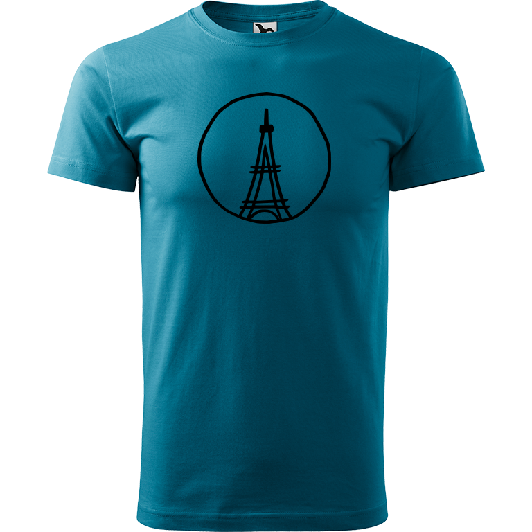 Ručně malované pánské bavlněné tričko - Eiffellova věž Barva trička: TMAVĚ TYRKYSOVÁ, Velikost trička: XXL, Barva motivu: ČERNÁ