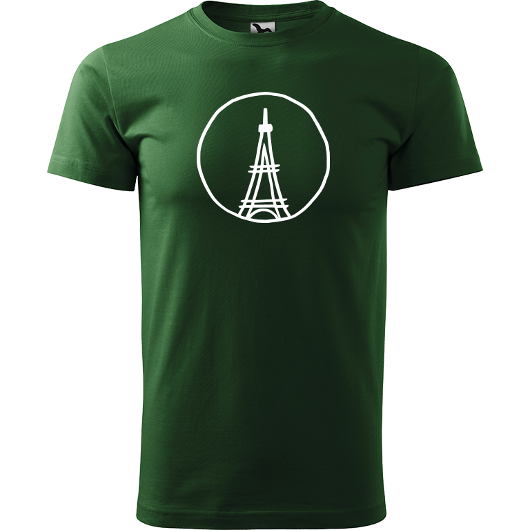 Ručně malované pánské bavlněné tričko - Eiffellova věž Barva trička: TMAVĚ ZELENÁ, Velikost trička: L, Barva motivu: BÍLÁ
