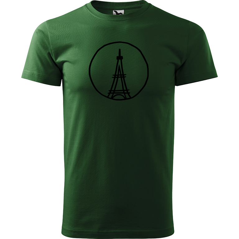Ručně malované pánské bavlněné tričko - Eiffellova věž Barva trička: TMAVĚ ZELENÁ, Velikost trička: XL, Barva motivu: ČERNÁ