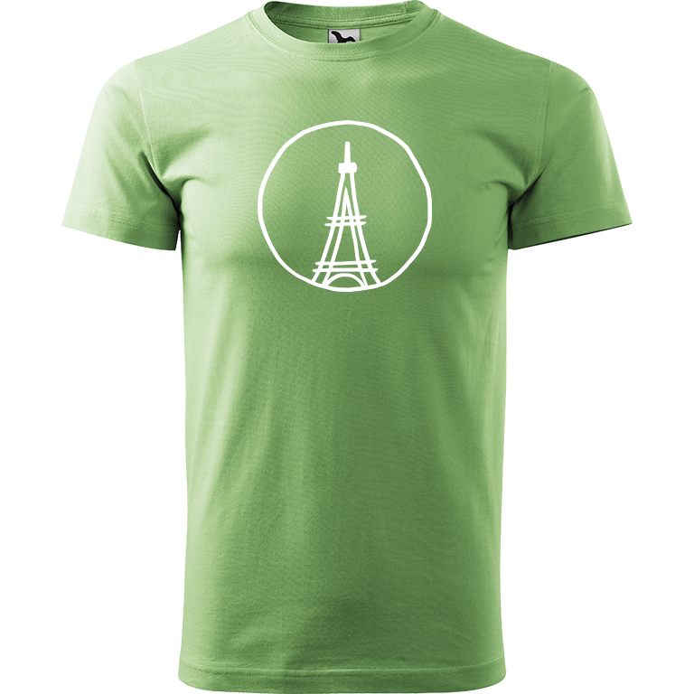 Ručně malované pánské bavlněné tričko - Eiffellova věž Barva trička: TRÁVOVĚ ZELENÁ, Velikost trička: M, Barva motivu: BÍLÁ