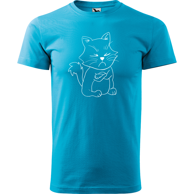 Ručně malované pánské bavlněné tričko - Grumpy Kitty Barva trička: TYRKYSOVÁ, Velikost trička: L, Barva motivu: BÍLÁ
