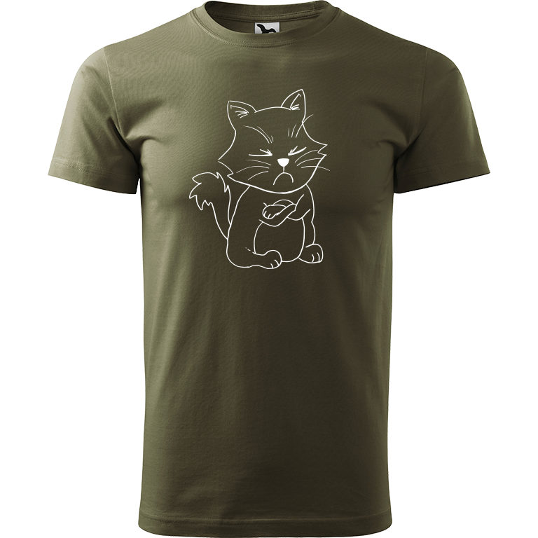 Ručně malované pánské bavlněné tričko - Grumpy Kitty Barva trička: ARMY, Velikost trička: XS, Barva motivu: BÍLÁ