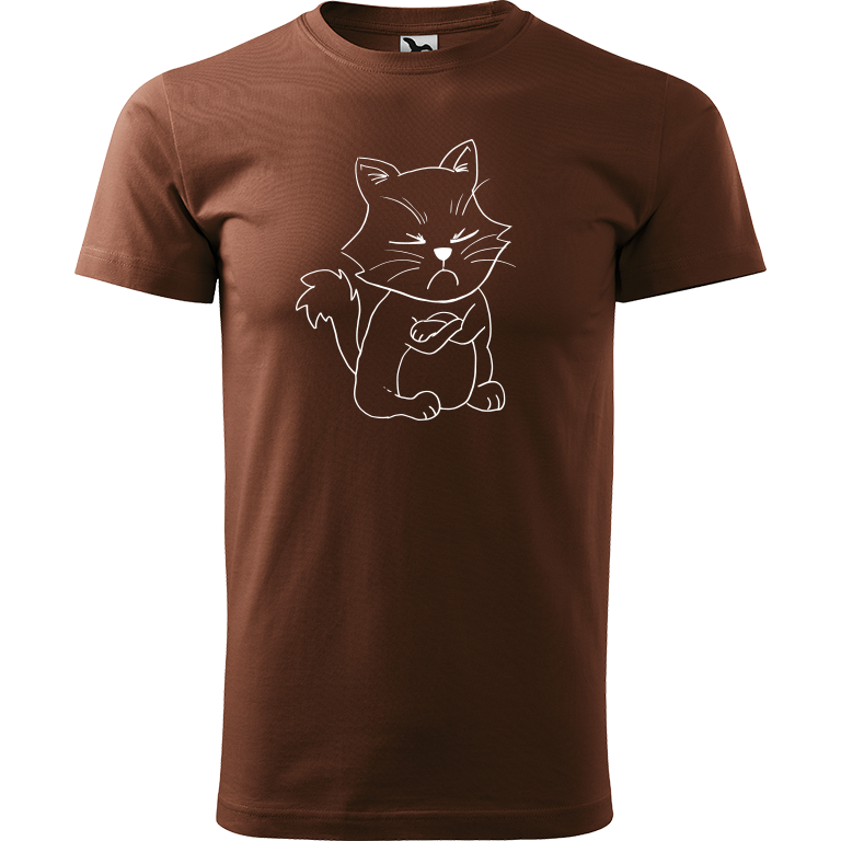 Ručně malované pánské bavlněné tričko - Grumpy Kitty Barva trička: ČOKOLÁDOVÁ, Velikost trička: XL, Barva motivu: BÍLÁ