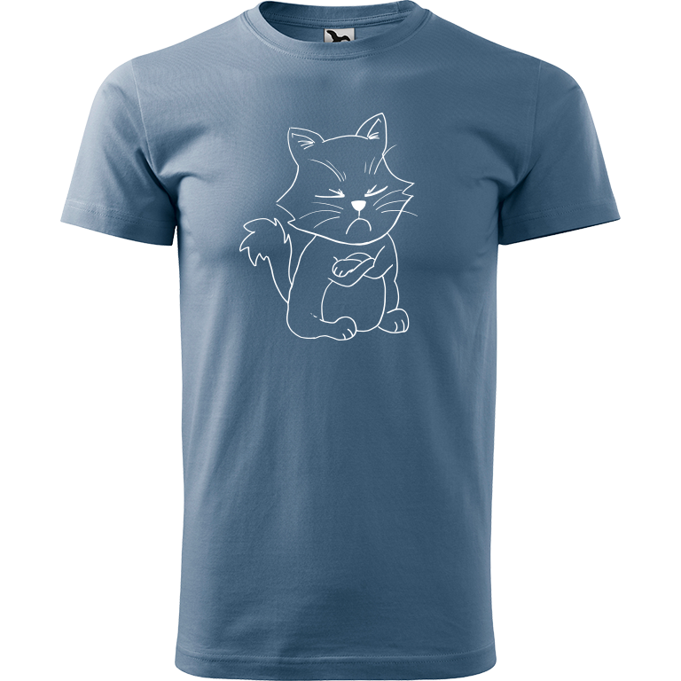 Ručně malované pánské bavlněné tričko - Grumpy Kitty Barva trička: DENIM, Velikost trička: L, Barva motivu: BÍLÁ