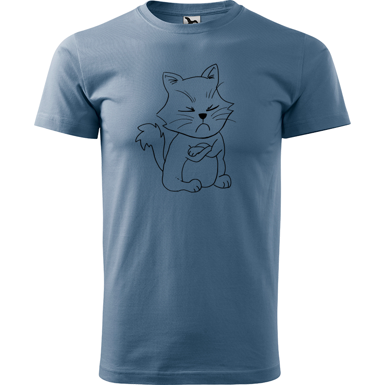 Ručně malované pánské bavlněné tričko - Grumpy Kitty Barva trička: DENIM, Velikost trička: XL, Barva motivu: ČERNÁ