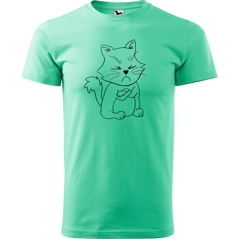 Ručně malované pánské bavlněné tričko - Grumpy Kitty Barva trička: MÁTOVÁ, Velikost trička: XXL, Barva motivu: ČERNÁ
