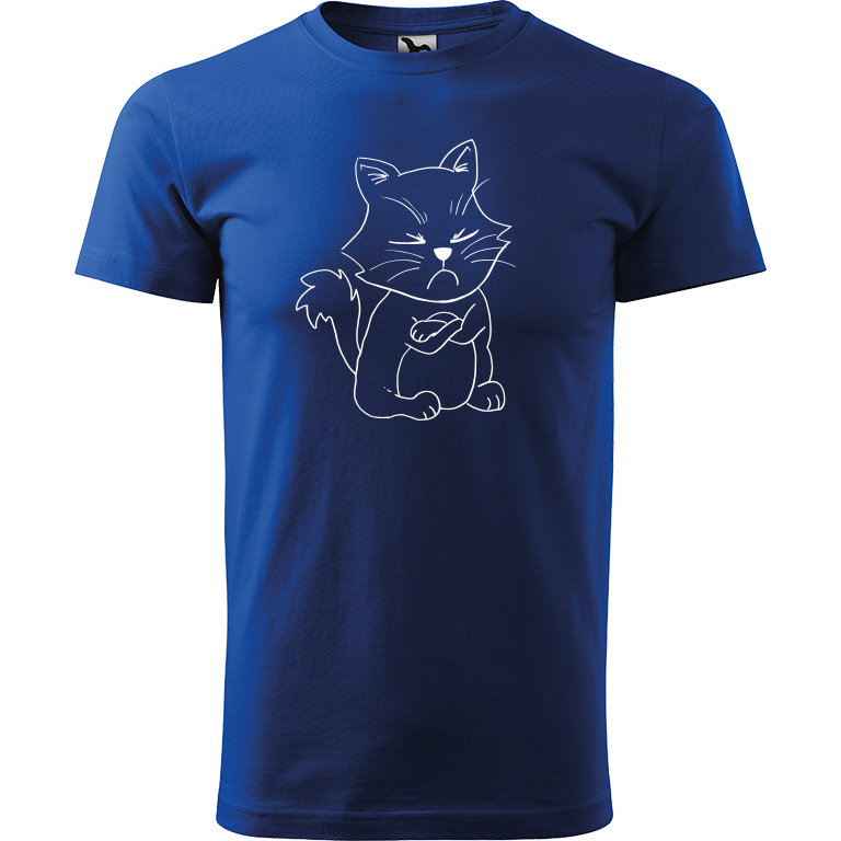 Ručně malované pánské bavlněné tričko - Grumpy Kitty Barva trička: MODRÁ, Velikost trička: XL, Barva motivu: BÍLÁ