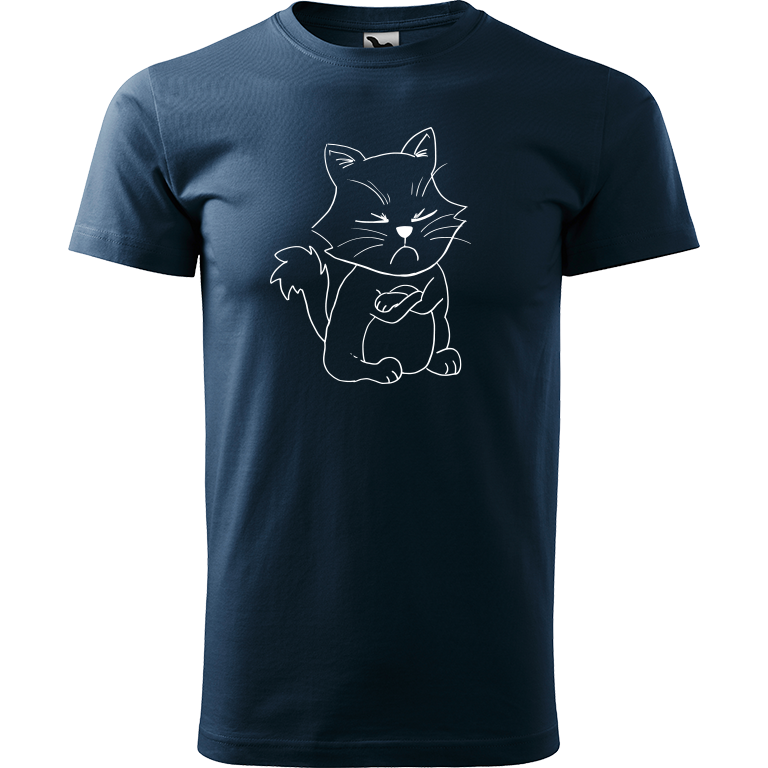 Ručně malované pánské bavlněné tričko - Grumpy Kitty Barva trička: NÁMOŘNICKÁ MODRÁ, Velikost trička: M, Barva motivu: BÍLÁ