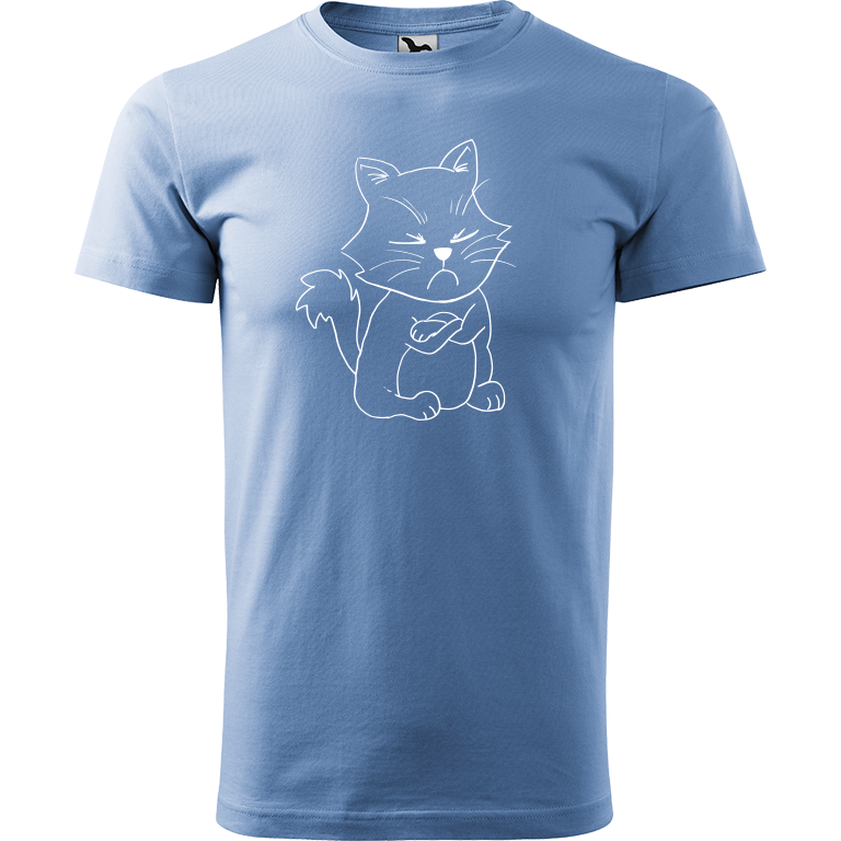 Ručně malované pánské bavlněné tričko - Grumpy Kitty Barva trička: NEBESKY MODRÁ, Velikost trička: L, Barva motivu: BÍLÁ