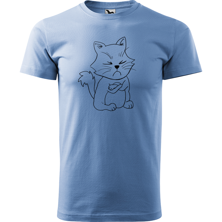 Ručně malované pánské bavlněné tričko - Grumpy Kitty Barva trička: NEBESKY MODRÁ, Velikost trička: L, Barva motivu: ČERNÁ