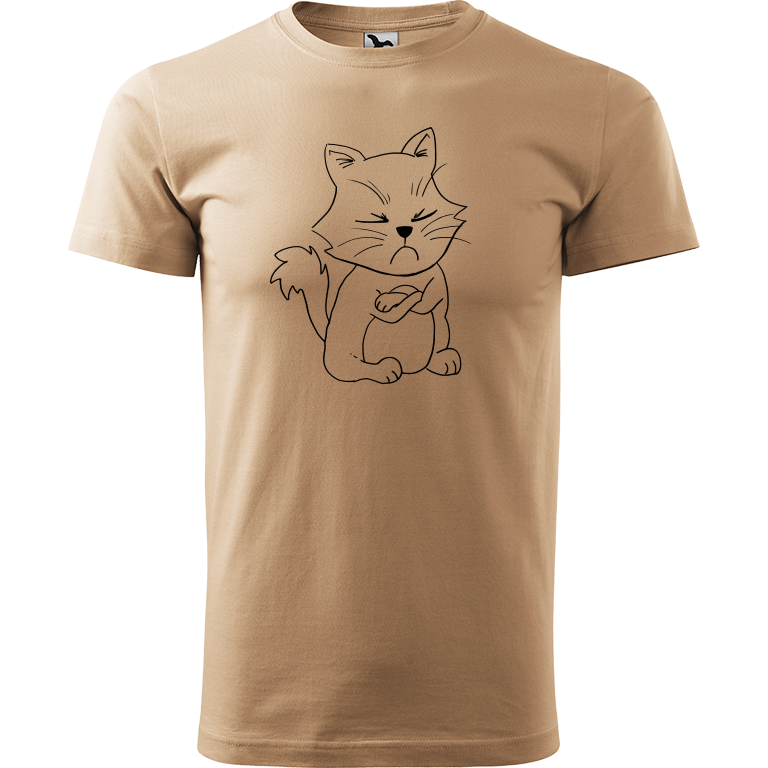 Ručně malované pánské bavlněné tričko - Grumpy Kitty Barva trička: PÍSKOVÁ, Velikost trička: XL, Barva motivu: ČERNÁ