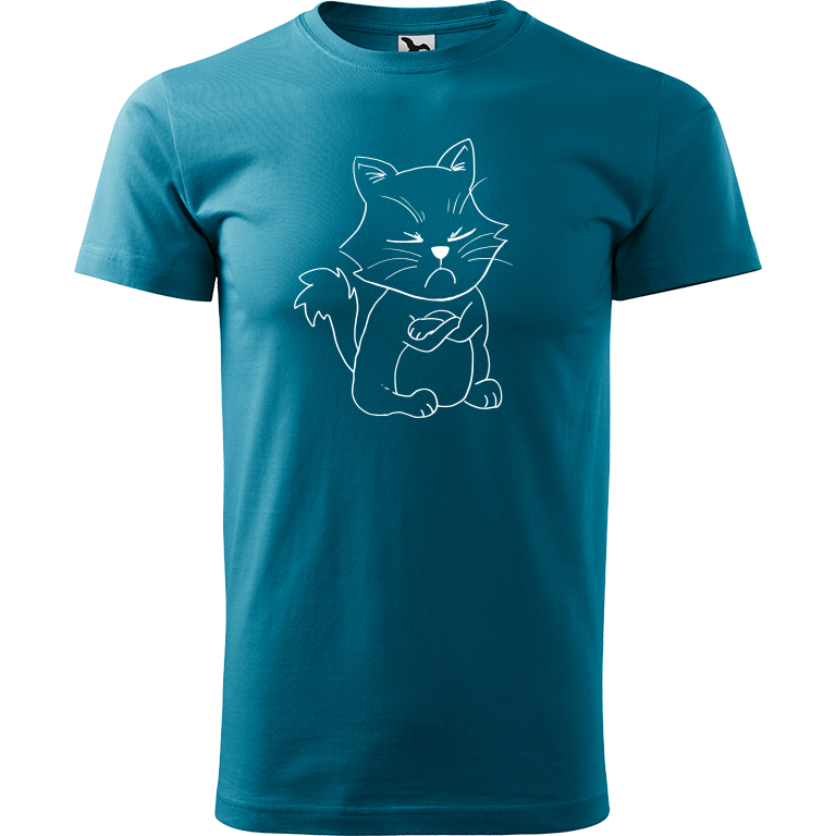 Ručně malované pánské bavlněné tričko - Grumpy Kitty Barva trička: TMAVĚ TYRKYSOVÁ, Velikost trička: M, Barva motivu: BÍLÁ