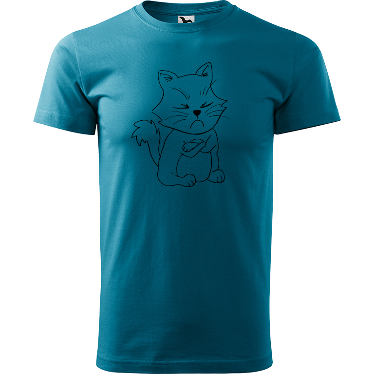 Ručně malované pánské bavlněné tričko - Grumpy Kitty Barva trička: TMAVĚ TYRKYSOVÁ, Velikost trička: XXL, Barva motivu: ČERNÁ