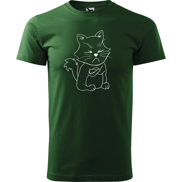 Ručně malované pánské bavlněné tričko - Grumpy Kitty Barva trička: TMAVĚ ZELENÁ, Velikost trička: L, Barva motivu: BÍLÁ