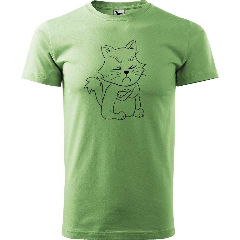Ručně malované pánské bavlněné tričko - Grumpy Kitty Barva trička: TRÁVOVĚ ZELENÁ, Velikost trička: XXL, Barva motivu: ČERNÁ