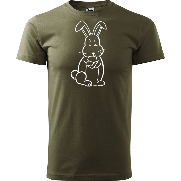Ručně malované pánské bavlněné tričko - Grumpy Rabbit Barva trička: ARMY, Velikost trička: XS, Barva motivu: BÍLÁ
