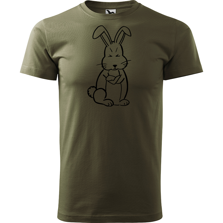 Ručně malované pánské bavlněné tričko - Grumpy Rabbit Barva trička: ARMY, Velikost trička: XL, Barva motivu: ČERNÁ