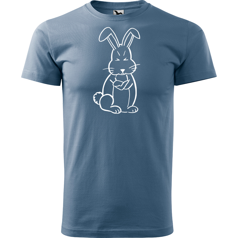 Ručně malované pánské bavlněné tričko - Grumpy Rabbit Barva trička: DENIM, Velikost trička: XL, Barva motivu: BÍLÁ