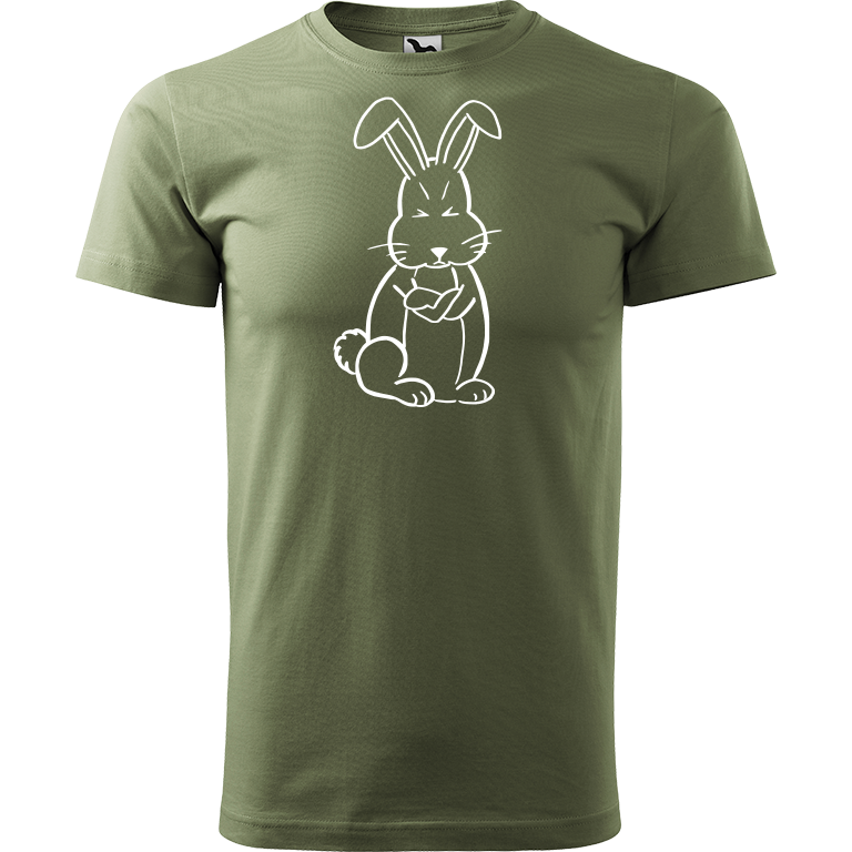 Ručně malované pánské bavlněné tričko - Grumpy Rabbit Barva trička: KHAKI, Velikost trička: XL, Barva motivu: BÍLÁ