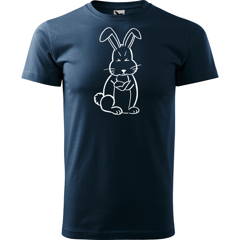 Ručně malované pánské bavlněné tričko - Grumpy Rabbit Barva trička: NÁMOŘNICKÁ MODRÁ, Velikost trička: L, Barva motivu: BÍLÁ