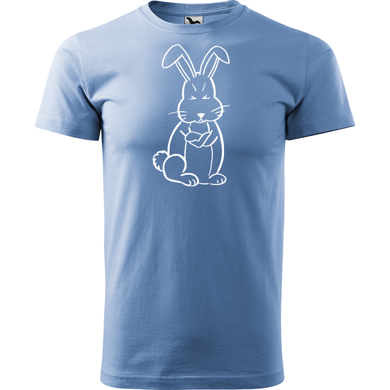 Ručně malované pánské bavlněné tričko - Grumpy Rabbit Barva trička: NEBESKY MODRÁ, Velikost trička: L, Barva motivu: BÍLÁ