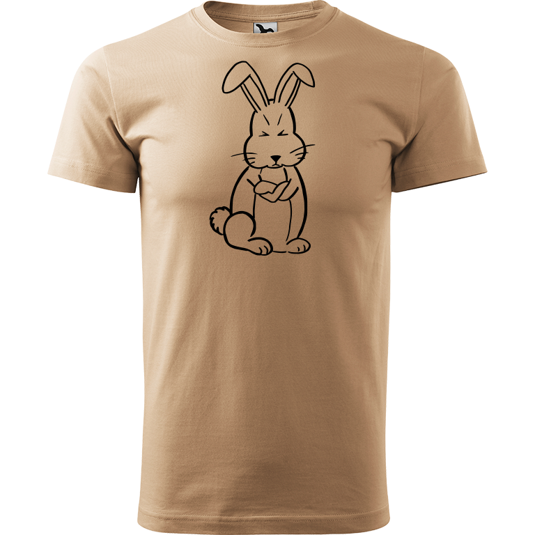 Ručně malované pánské bavlněné tričko - Grumpy Rabbit Barva trička: PÍSKOVÁ, Velikost trička: XL, Barva motivu: ČERNÁ