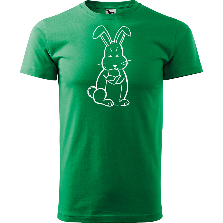 Ručně malované pánské bavlněné tričko - Grumpy Rabbit Barva trička: STŘEDNĚ ZELENÁ, Velikost trička: M, Barva motivu: BÍLÁ