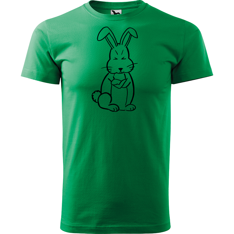 Ručně malované pánské bavlněné tričko - Grumpy Rabbit Barva trička: STŘEDNĚ ZELENÁ, Velikost trička: L, Barva motivu: ČERNÁ