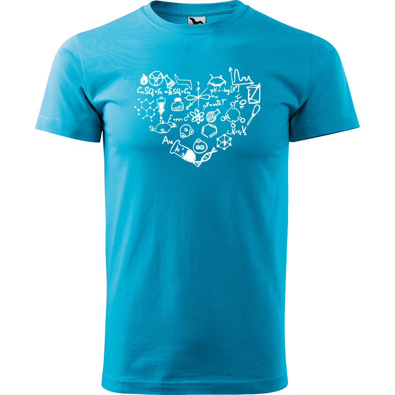 Ručně malované pánské bavlněné tričko - Chemikovo Srdce Barva trička: TYRKYSOVÁ, Velikost trička: M, Barva motivu: BÍLÁ