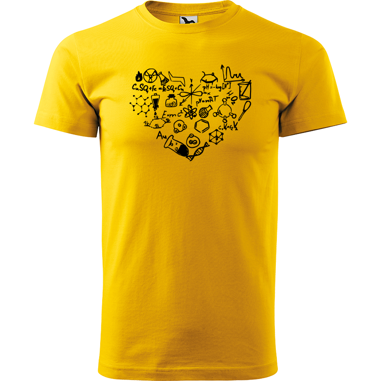 Ručně malované pánské bavlněné tričko - Chemikovo Srdce Barva trička: ŽLUTÁ, Velikost trička: L, Barva motivu: ČERNÁ