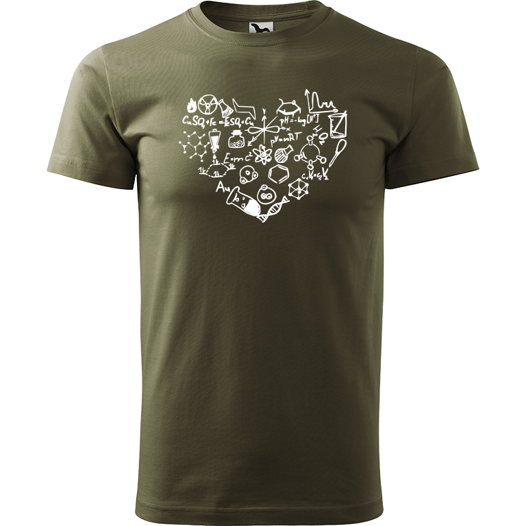 Ručně malované pánské bavlněné tričko - Chemikovo Srdce Barva trička: ARMY, Velikost trička: XS, Barva motivu: BÍLÁ