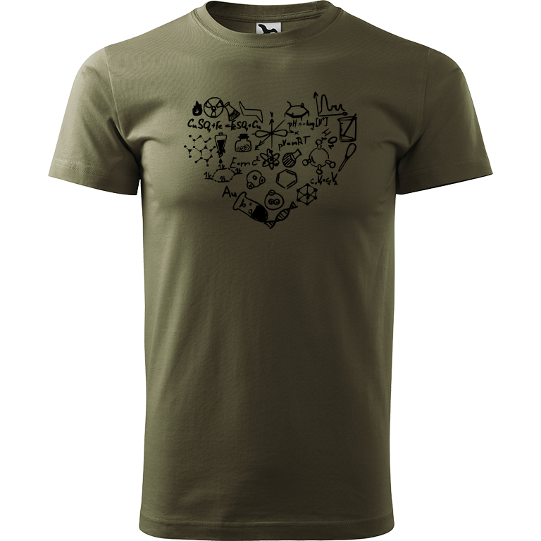 Ručně malované pánské bavlněné tričko - Chemikovo Srdce Barva trička: ARMY, Velikost trička: XL, Barva motivu: ČERNÁ