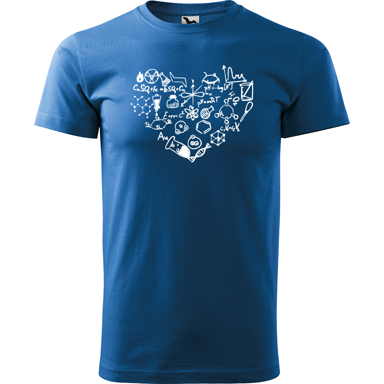 Ručně malované pánské bavlněné tričko - Chemikovo Srdce Barva trička: AZUROVÁ, Velikost trička: L, Barva motivu: BÍLÁ