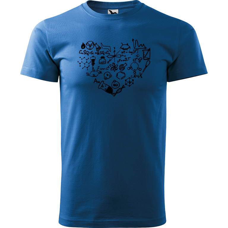 Ručně malované pánské bavlněné tričko - Chemikovo Srdce Barva trička: AZUROVÁ, Velikost trička: XXL, Barva motivu: ČERNÁ