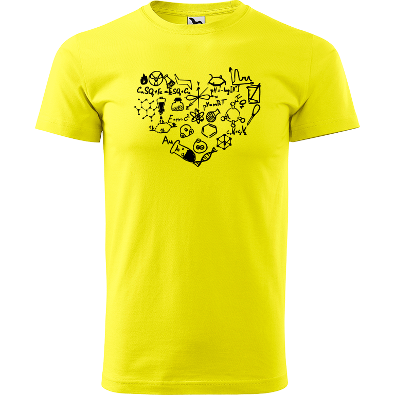 Ručně malované pánské bavlněné tričko - Chemikovo Srdce Barva trička: CITRONOVÁ, Velikost trička: XL, Barva motivu: ČERNÁ