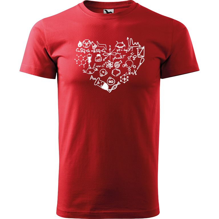 Ručně malované pánské bavlněné tričko - Chemikovo Srdce Barva trička: ČERVENÁ, Velikost trička: L, Barva motivu: BÍLÁ