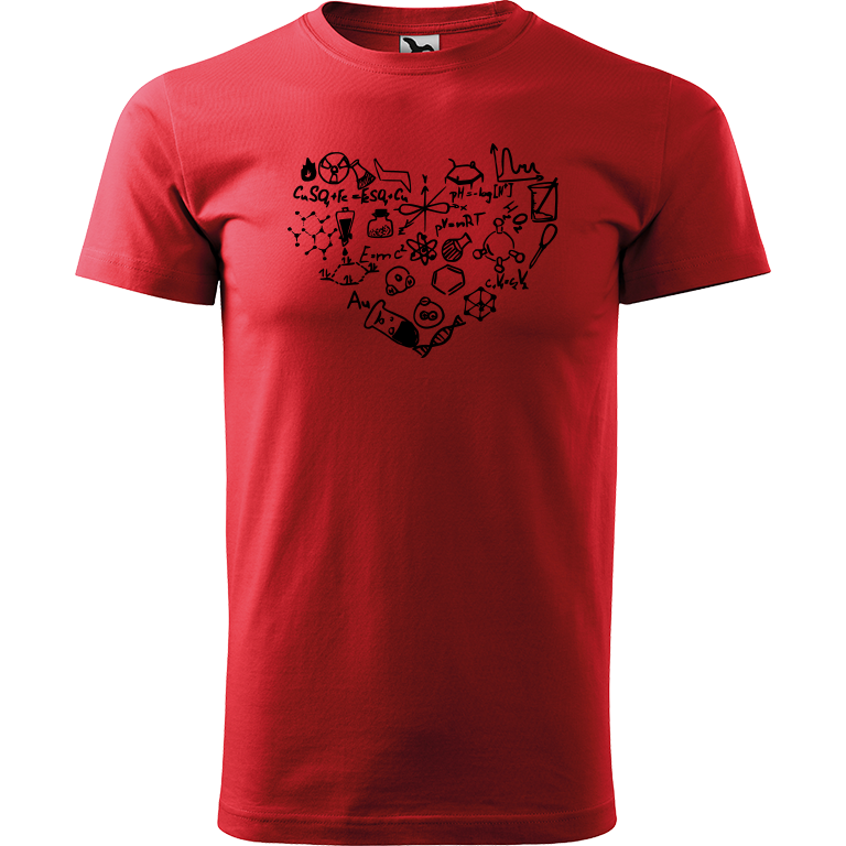 Ručně malované pánské bavlněné tričko - Chemikovo Srdce Barva trička: ČERVENÁ, Velikost trička: L, Barva motivu: ČERNÁ