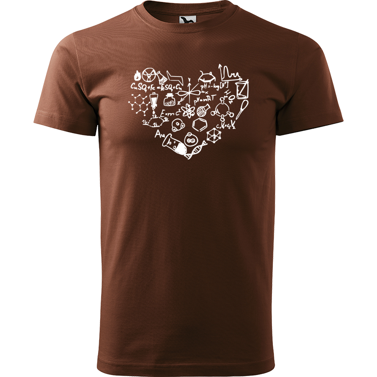 Ručně malované pánské bavlněné tričko - Chemikovo Srdce Barva trička: ČOKOLÁDOVÁ, Velikost trička: XL, Barva motivu: BÍLÁ