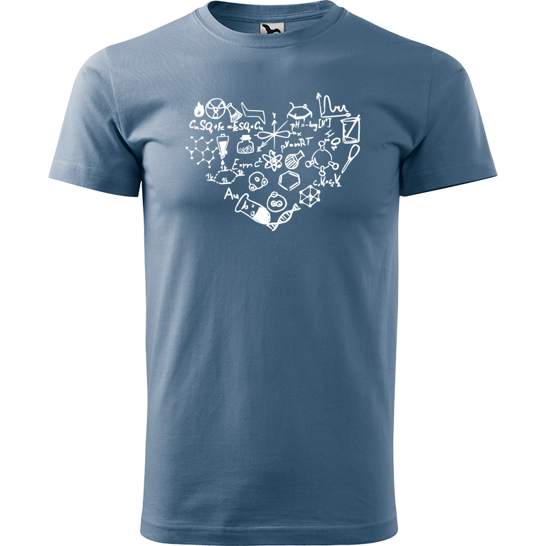 Ručně malované pánské bavlněné tričko - Chemikovo Srdce Barva trička: DENIM, Velikost trička: XL, Barva motivu: BÍLÁ