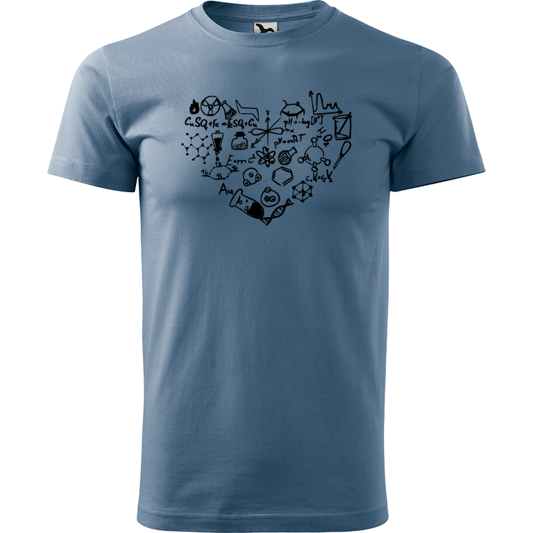 Ručně malované pánské bavlněné tričko - Chemikovo Srdce Barva trička: DENIM, Velikost trička: XL, Barva motivu: ČERNÁ