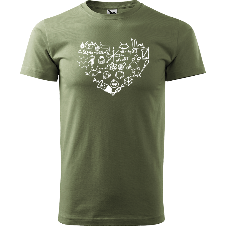 Ručně malované pánské bavlněné tričko - Chemikovo Srdce Barva trička: KHAKI, Velikost trička: XS, Barva motivu: BÍLÁ