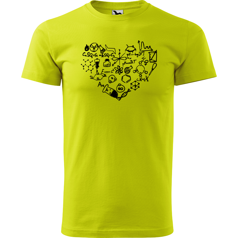 Ručně malované pánské bavlněné tričko - Chemikovo Srdce Barva trička: LIMETKOVÁ, Velikost trička: S, Barva motivu: ČERNÁ