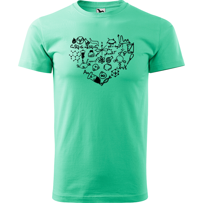Ručně malované pánské bavlněné tričko - Chemikovo Srdce Barva trička: MÁTOVÁ, Velikost trička: XL, Barva motivu: ČERNÁ