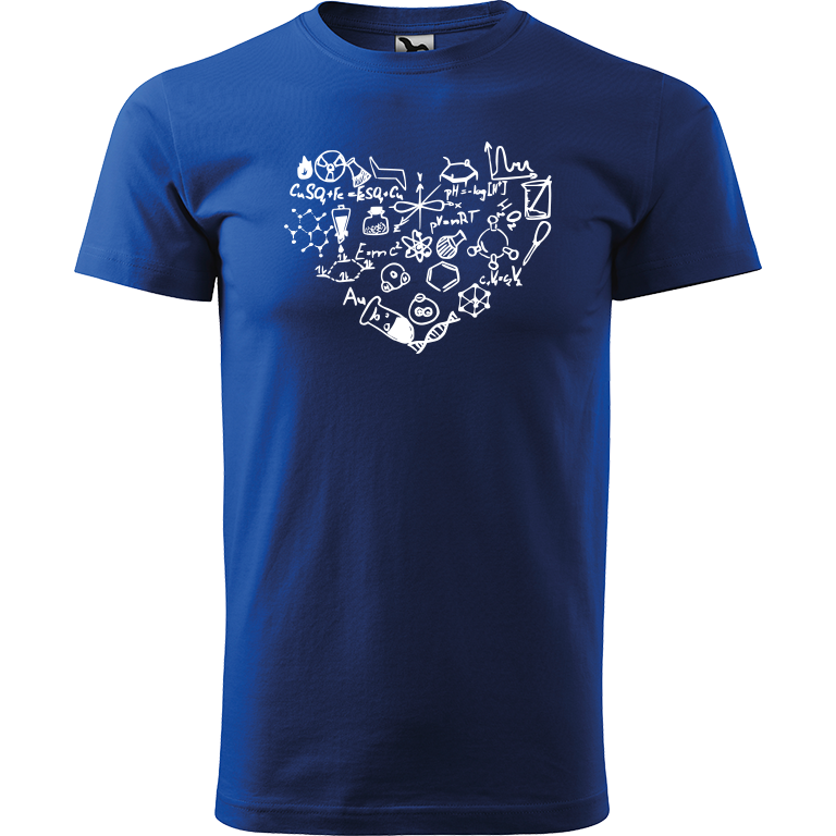 Ručně malované pánské bavlněné tričko - Chemikovo Srdce Barva trička: MODRÁ, Velikost trička: XL, Barva motivu: BÍLÁ