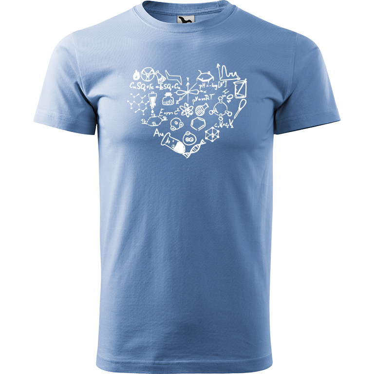 Ručně malované pánské bavlněné tričko - Chemikovo Srdce Barva trička: NEBESKY MODRÁ, Velikost trička: L, Barva motivu: BÍLÁ
