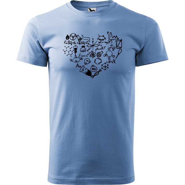 Ručně malované pánské bavlněné tričko - Chemikovo Srdce Barva trička: NEBESKY MODRÁ, Velikost trička: L, Barva motivu: ČERNÁ