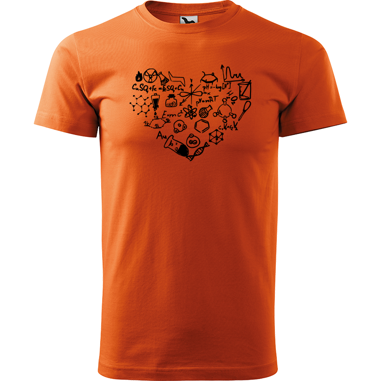 Ručně malované pánské bavlněné tričko - Chemikovo Srdce Barva trička: ORANŽOVÁ, Velikost trička: XXL, Barva motivu: ČERNÁ