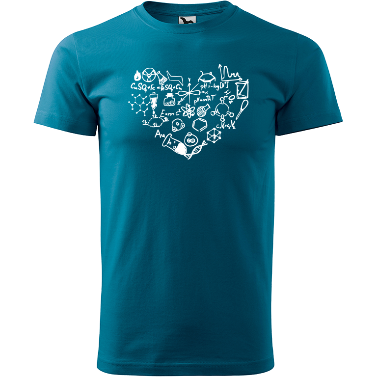 Ručně malované pánské bavlněné tričko - Chemikovo Srdce Barva trička: PETROLEJOVÁ, Velikost trička: XXL, Barva motivu: BÍLÁ