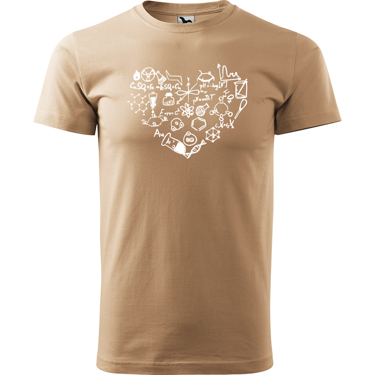 Ručně malované pánské bavlněné tričko - Chemikovo Srdce Barva trička: PÍSKOVÁ, Velikost trička: XL, Barva motivu: BÍLÁ