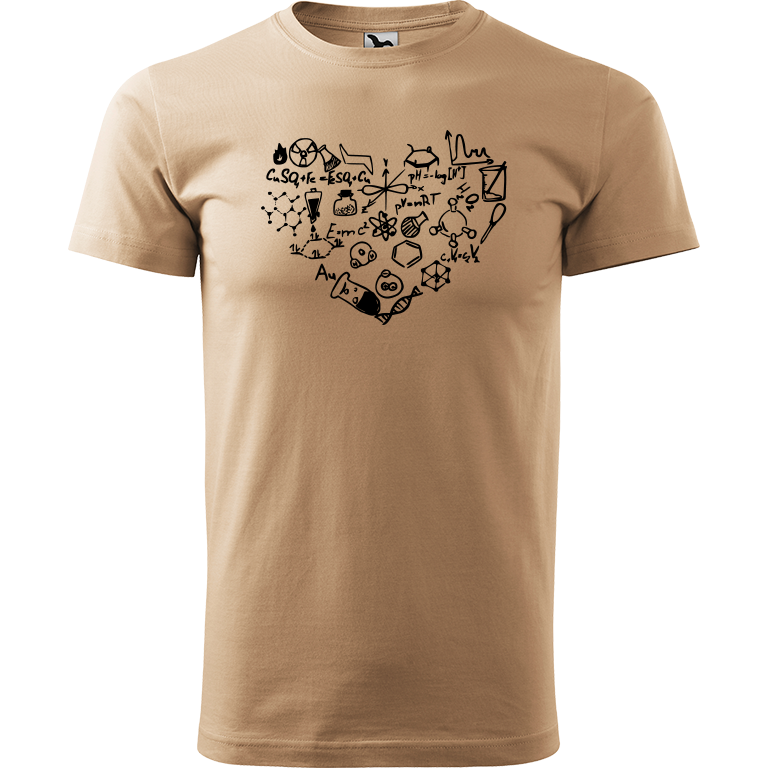 Ručně malované pánské bavlněné tričko - Chemikovo Srdce Barva trička: PÍSKOVÁ, Velikost trička: XL, Barva motivu: ČERNÁ